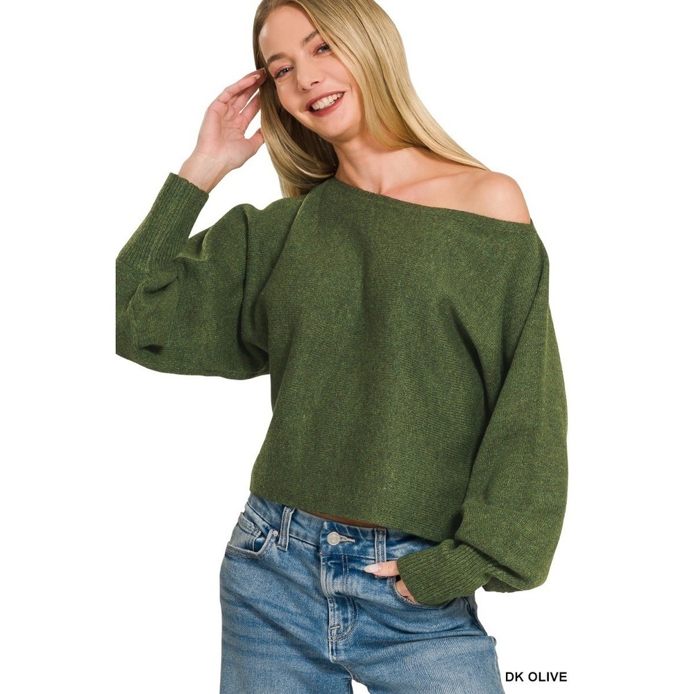 Zenana Boat Neck Balloon Sleeve Sweater - Dk Olive - Large